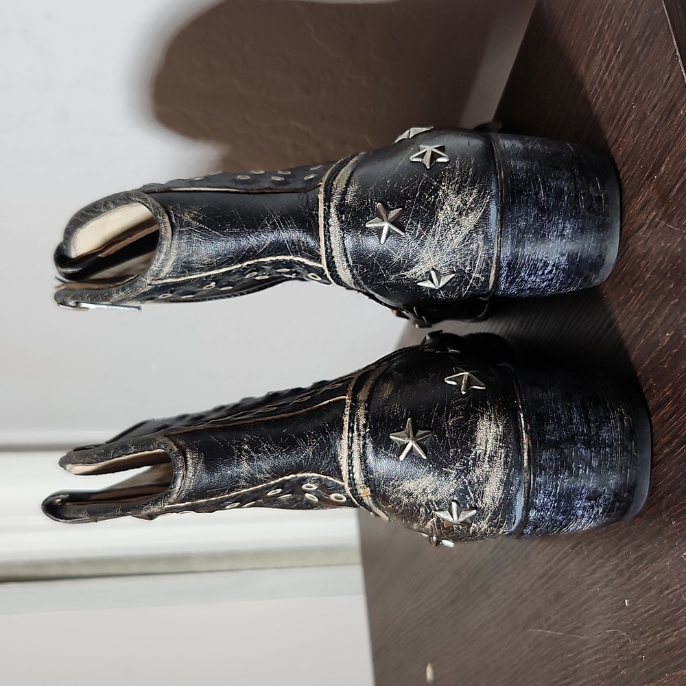 SENDRA Sara Raspado Black Star Studded Cowboy Boots  Distressed Side Zip 38 8 - Picture 7 of 15
